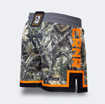 Hunter camo MMA shorts rear angle
