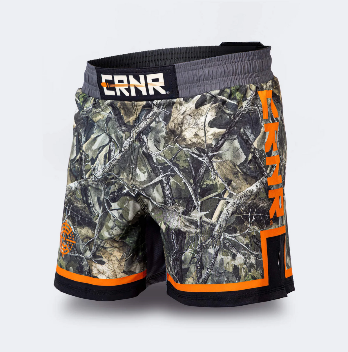 Hunter camo MMA shorts front angled view