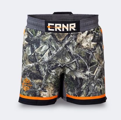Hunter camouflage MMA shorts front view